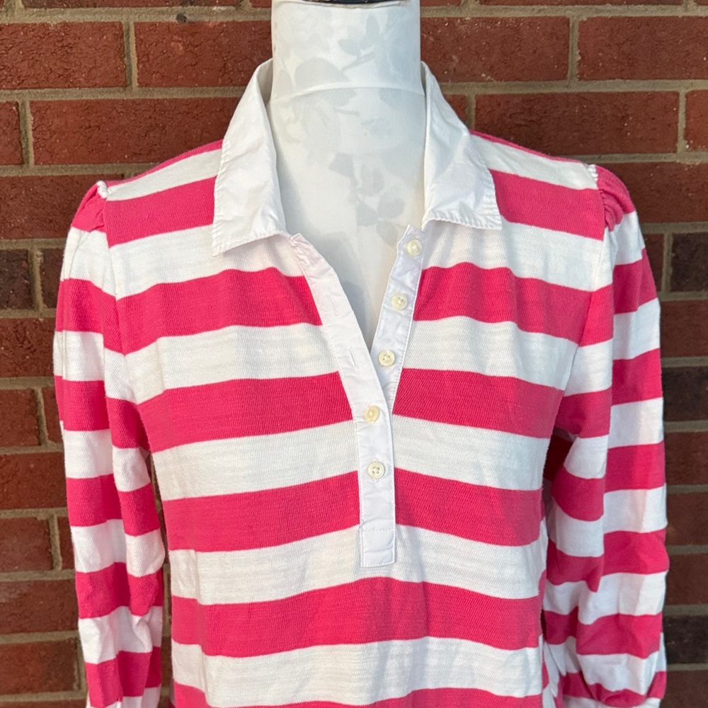 LOFT Pink and White Rugby Striped Polo Style Shirt - Picture 2 of 9